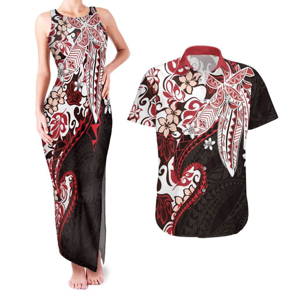 Monstera Plumeria Flowers Red Couples Matching Tank Maxi Dress and Hawaiian Shirt Polynesian Pattern LT01 Red - Polynesian Pride