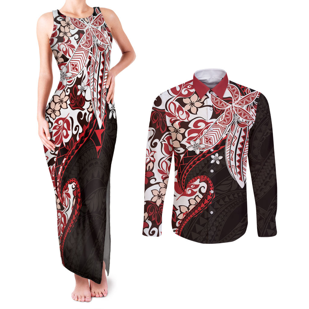 Monstera Plumeria Flowers Red Couples Matching Tank Maxi Dress and Long Sleeve Button Shirt Polynesian Pattern LT01 Red - Polynesian Pride