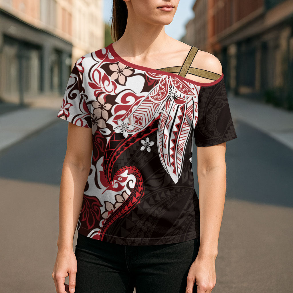 Monstera Plumeria Flowers Red Cross Shoulder Shirt Polynesian Pattern LT01 - Polynesian Pride