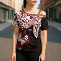 Monstera Plumeria Flowers Red Cross Shoulder Shirt Polynesian Pattern LT01 - Polynesian Pride