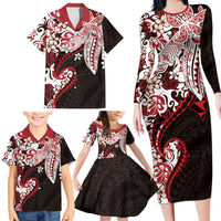Monstera Plumeria Flowers Red Family Matching Long Sleeve Bodycon Dress and Hawaiian Shirt Polynesian Pattern