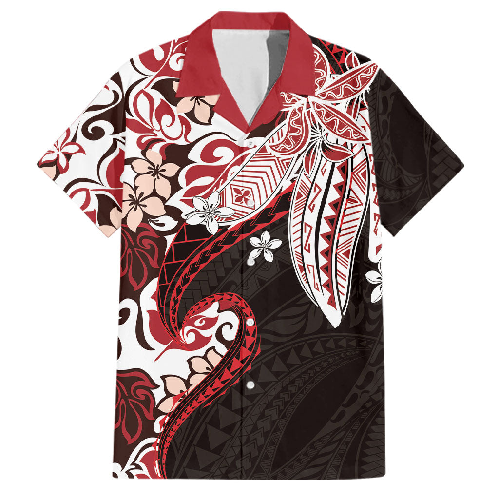 Monstera Plumeria Flowers Red Family Matching Long Sleeve Bodycon Dress and Hawaiian Shirt Polynesian Pattern