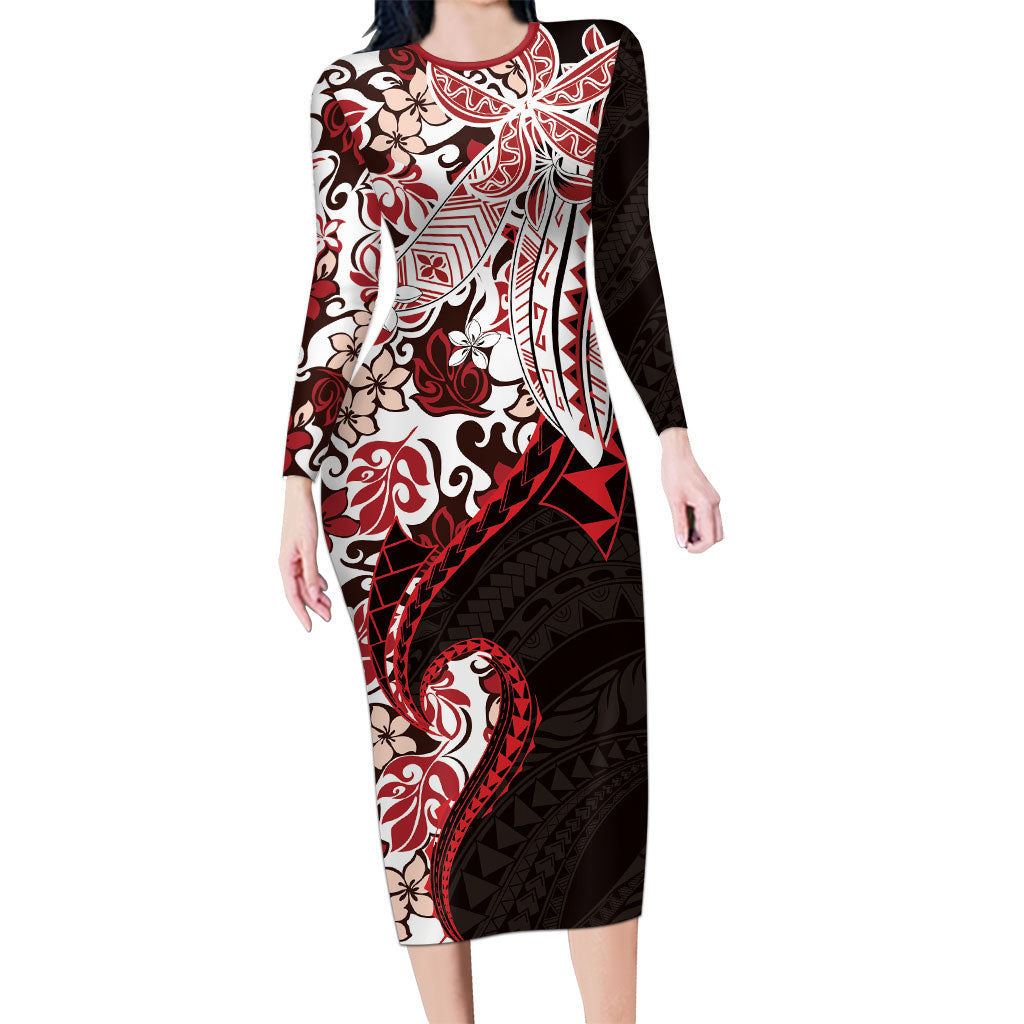 Monstera Plumeria Flowers Red Family Matching Long Sleeve Bodycon Dress and Hawaiian Shirt Polynesian Pattern