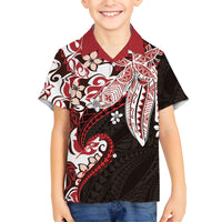 Monstera Plumeria Flowers Red Family Matching Long Sleeve Bodycon Dress and Hawaiian Shirt Polynesian Pattern