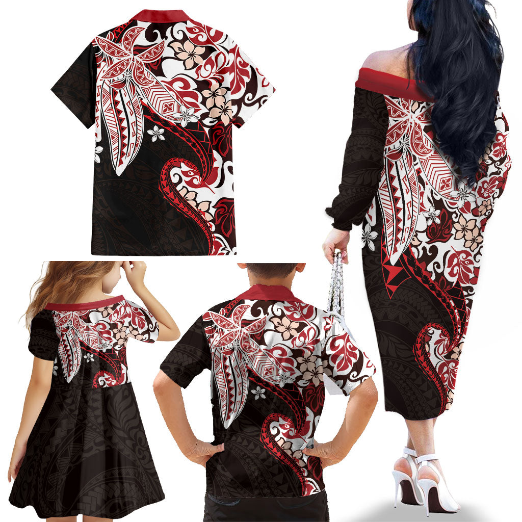 Monstera Plumeria Flowers Red Family Matching Off The Shoulder Long Sleeve Dress and Hawaiian Shirt Polynesian Pattern