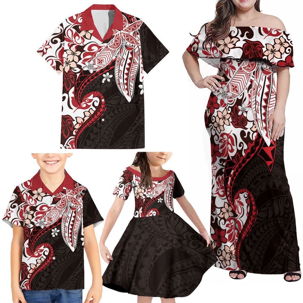 Monstera Plumeria Flowers Red Family Matching Off Shoulder Maxi Dress and Hawaiian Shirt Polynesian Pattern