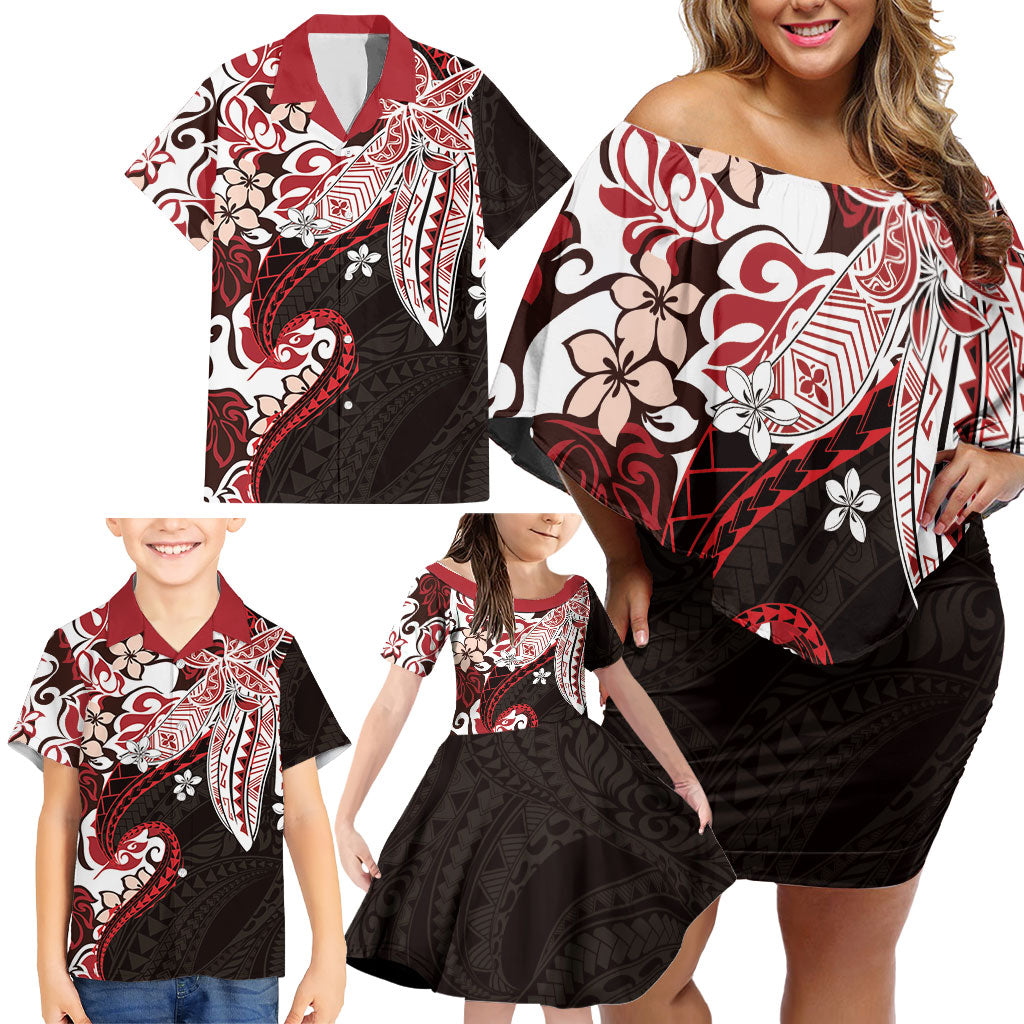 Monstera Plumeria Flowers Red Family Matching Off Shoulder Short Dress and Hawaiian Shirt Polynesian Pattern