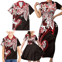 Monstera Plumeria Flowers Red Family Matching Short Sleeve Bodycon Dress and Hawaiian Shirt Polynesian Pattern