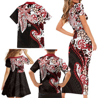 Monstera Plumeria Flowers Red Family Matching Short Sleeve Bodycon Dress and Hawaiian Shirt Polynesian Pattern