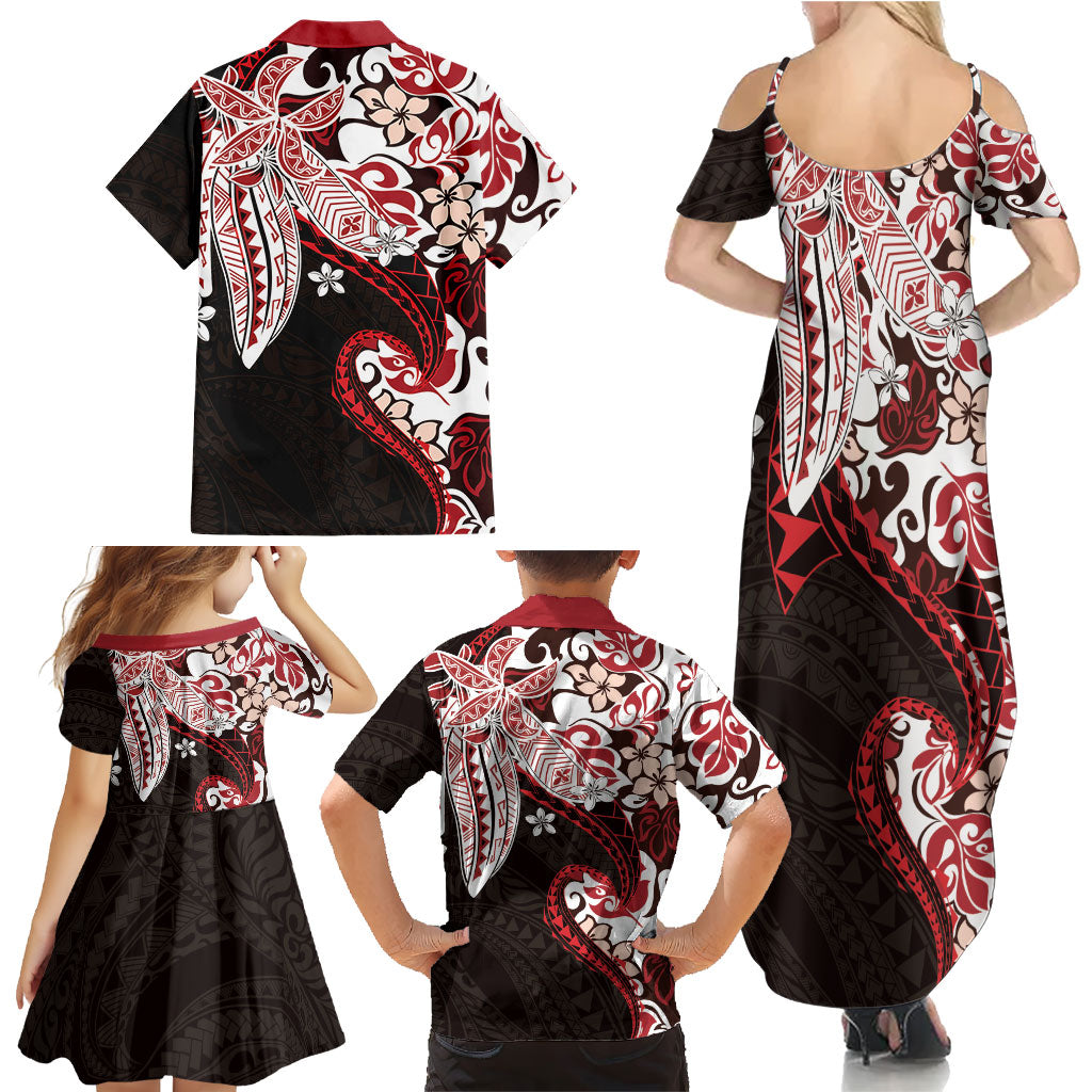 Monstera Plumeria Flowers Red Family Matching Summer Maxi Dress and Hawaiian Shirt Polynesian Pattern