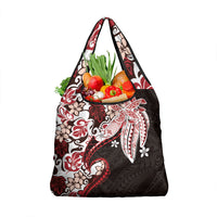 Monstera Plumeria Flowers Red Grocery Bag Polynesian Pattern