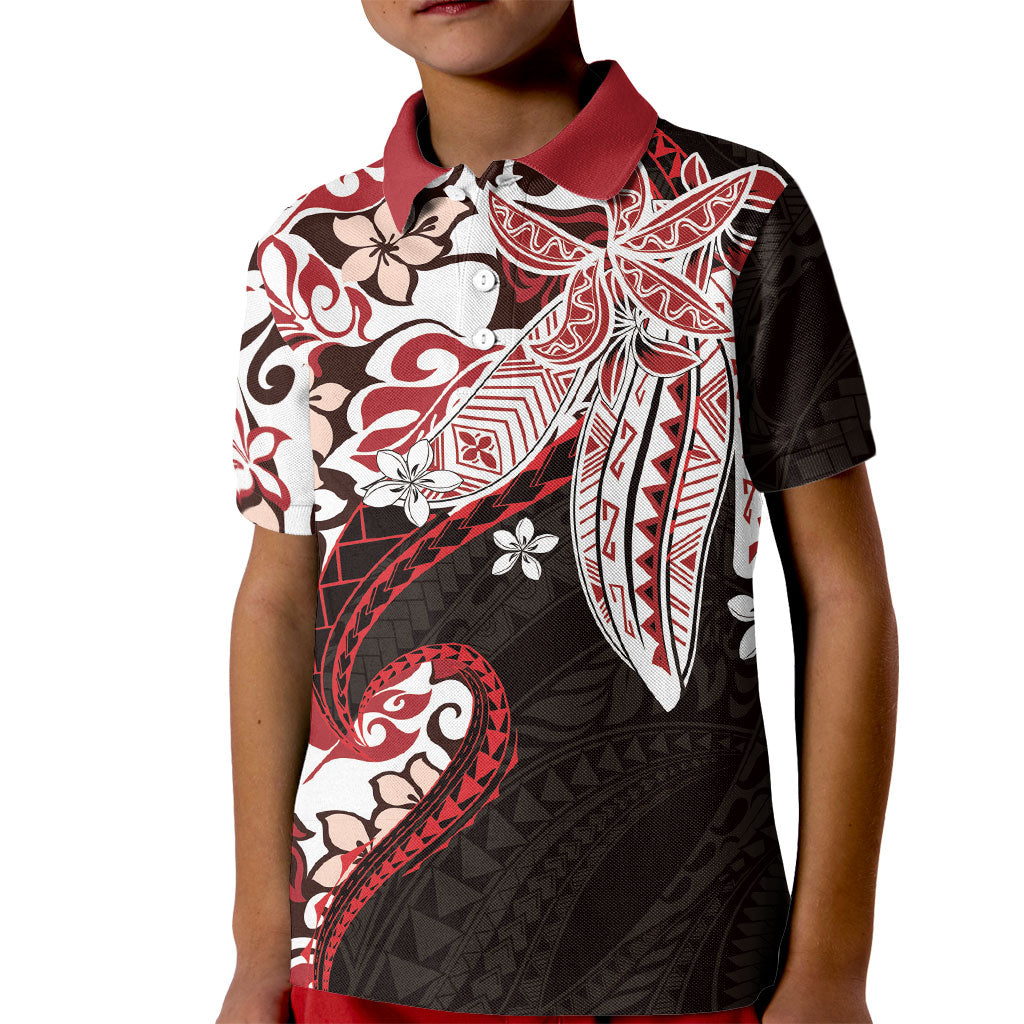 Monstera Plumeria Flowers Red Kid Polo Shirt Polynesian Pattern
