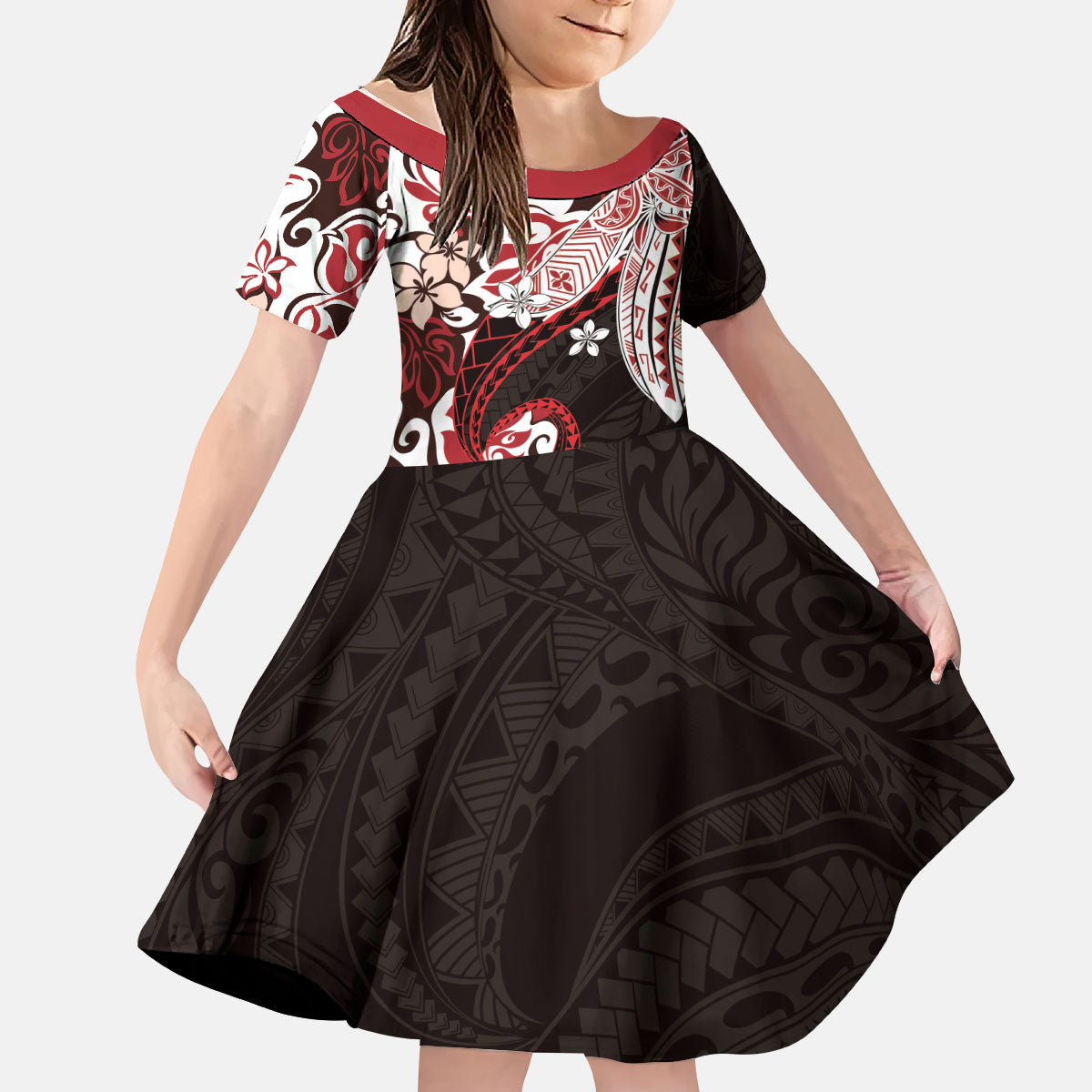 Monstera Plumeria Flowers Red Kid Short Sleeve Dress Polynesian Pattern LT01 KID Red - Polynesian Pride