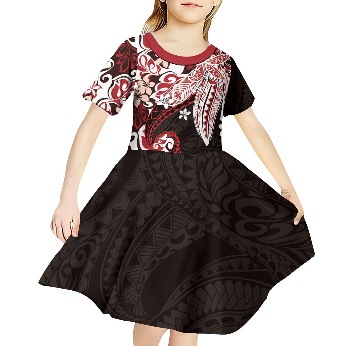 Monstera Plumeria Flowers Red Kid Short Sleeve Dress Polynesian Pattern LT01 - Polynesian Pride