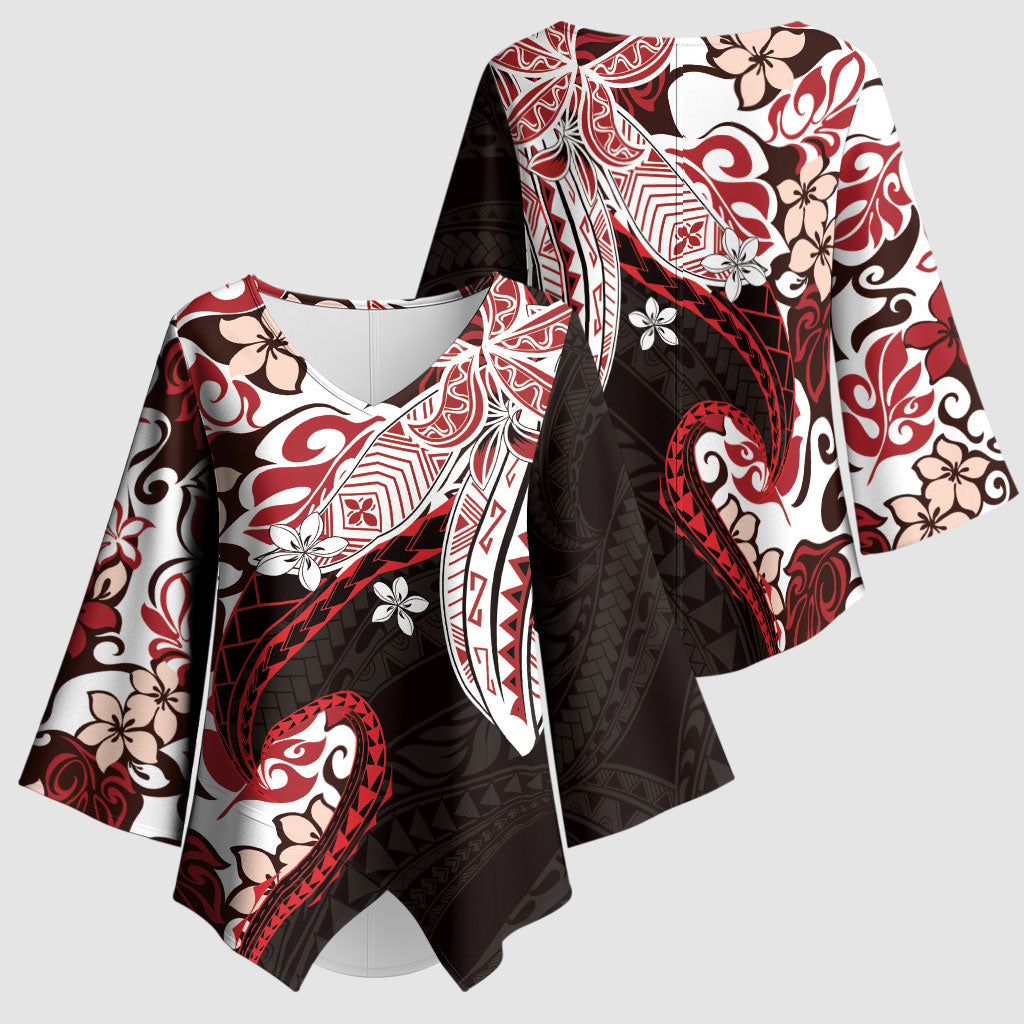 Monstera Plumeria Flowers Red Kimono Sleeve Blouse Polynesian Pattern