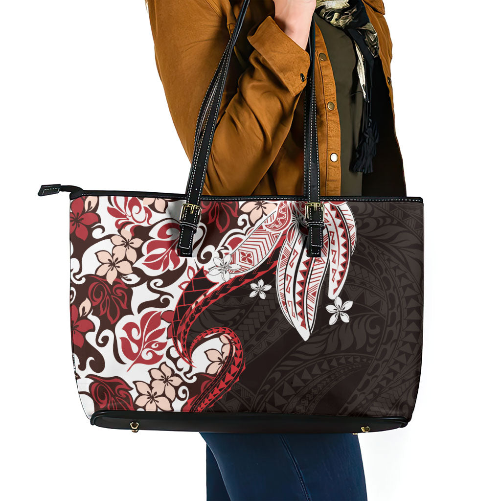 Monstera Plumeria Flowers Red Leather Tote Bag Polynesian Pattern