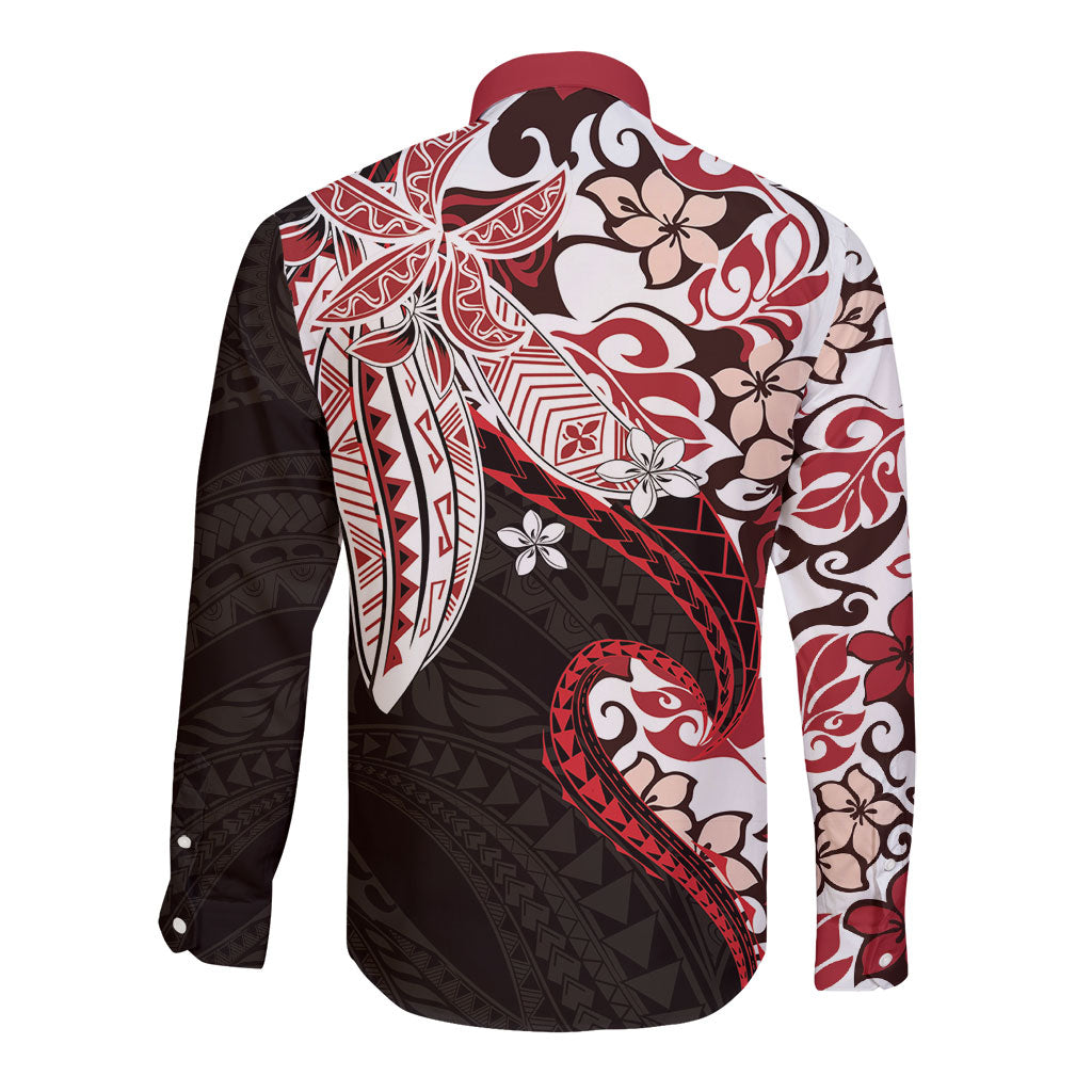 Monstera Plumeria Flowers Red Long Sleeve Button Shirt Polynesian Pattern LT01 - Polynesian Pride