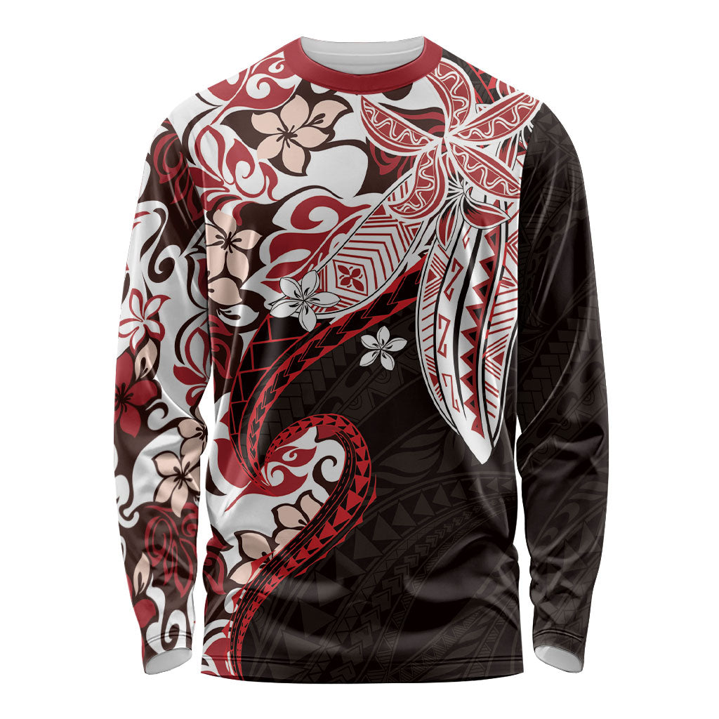 Monstera Plumeria Flowers Red Long Sleeve Shirt Polynesian Pattern