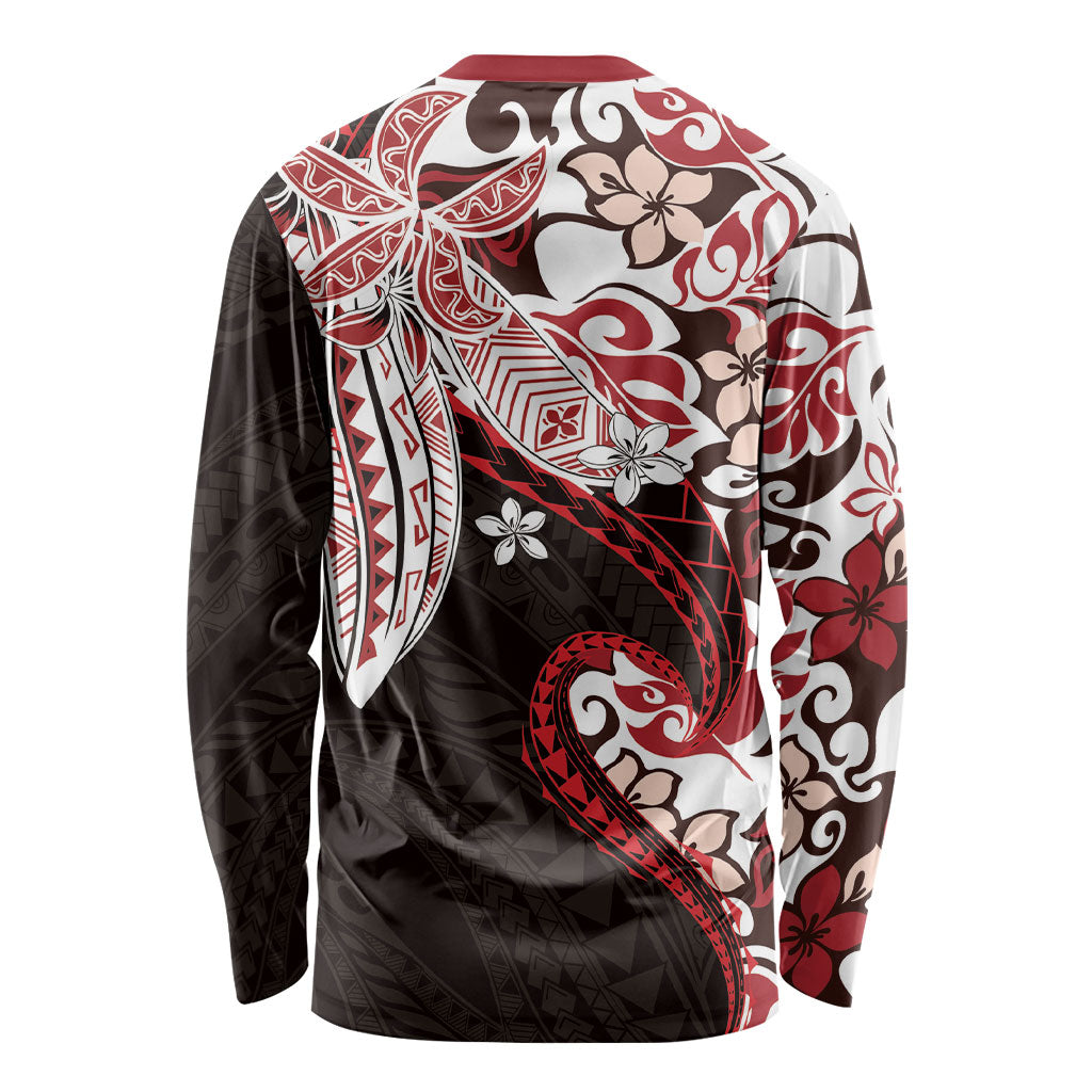Monstera Plumeria Flowers Red Long Sleeve Shirt Polynesian Pattern