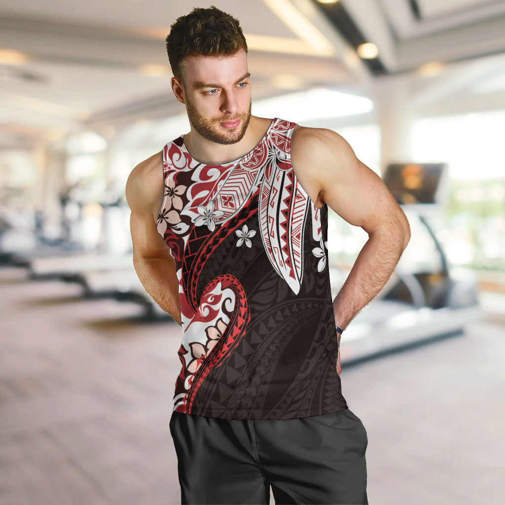 Monstera Plumeria Flowers Red Men Tank Top Polynesian Pattern