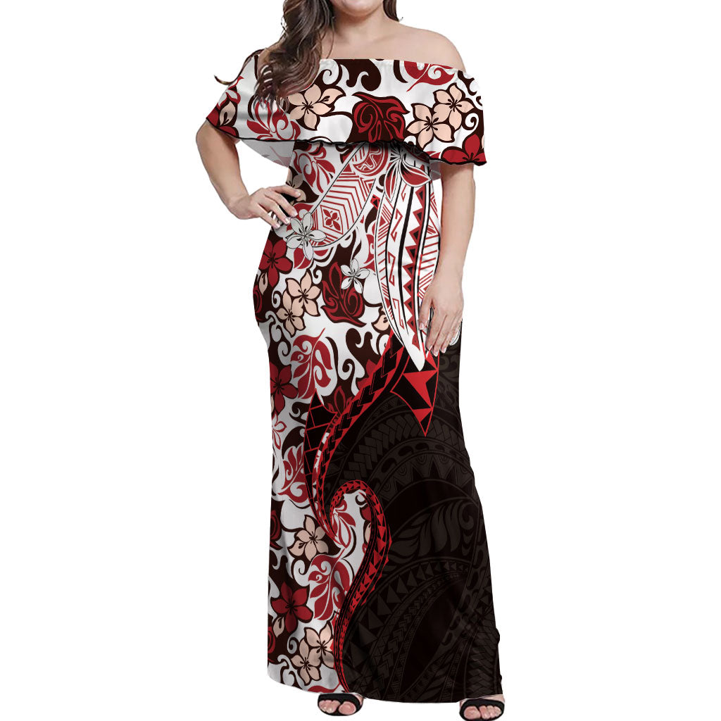Monstera Plumeria Flowers Red Off Shoulder Maxi Dress Polynesian Pattern LT01 Women Red - Polynesian Pride