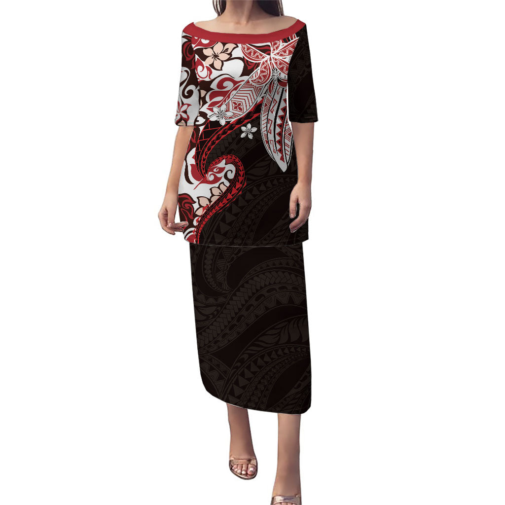 Monstera Plumeria Flowers Red Puletasi Polynesian Pattern LT01 Long Dress Red - Polynesian Pride