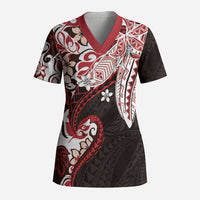 Monstera Plumeria Flowers Red Scrub Top Polynesian Pattern