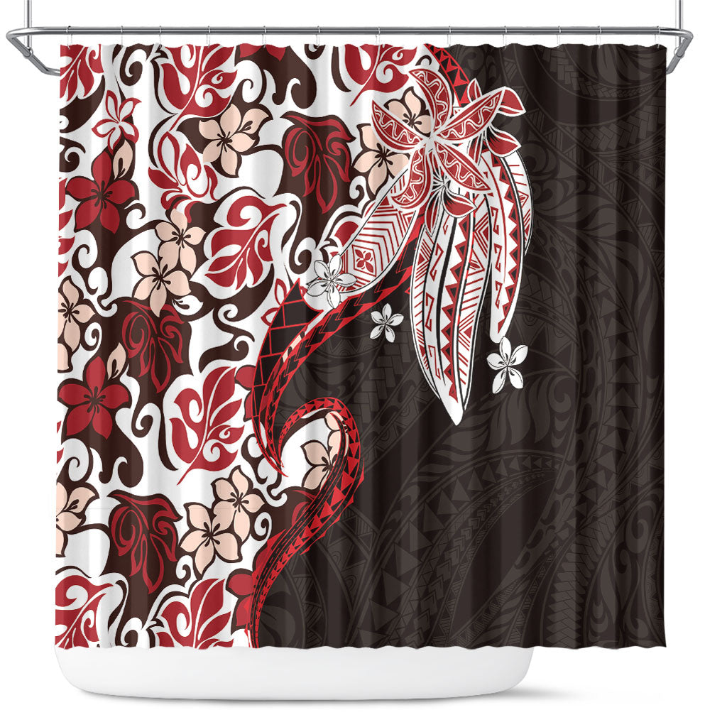 Monstera Plumeria Flowers Red Shower Curtain Polynesian Pattern