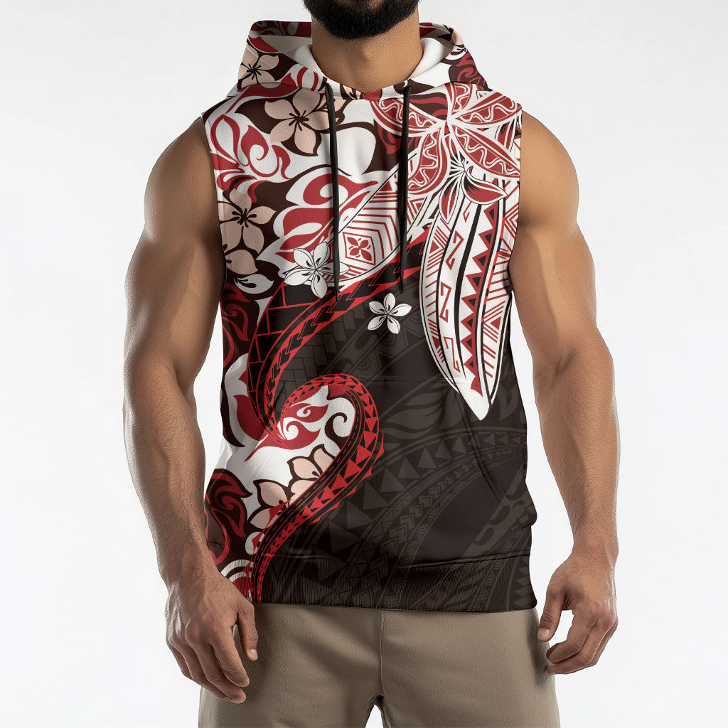 Monstera Plumeria Flowers Red Sleeveless Hoodie Polynesian Pattern LT01 - Polynesian Pride