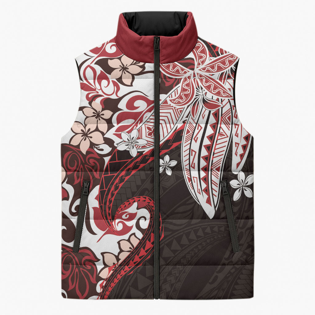Monstera Plumeria Flowers Red Sleeveless Puffer Jacket Polynesian Pattern LT01 Unisex Red - Polynesian Pride