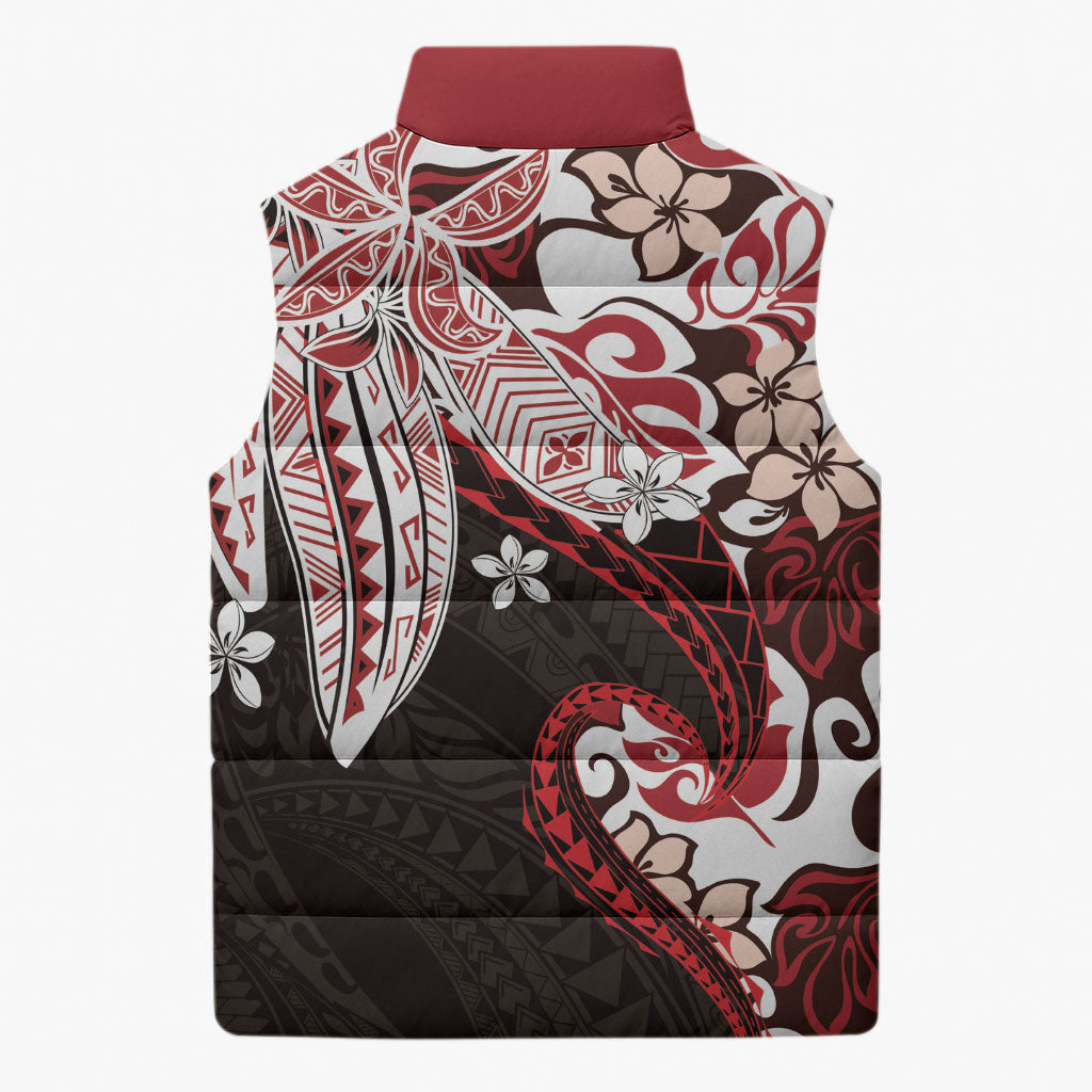 Monstera Plumeria Flowers Red Sleeveless Puffer Jacket Polynesian Pattern