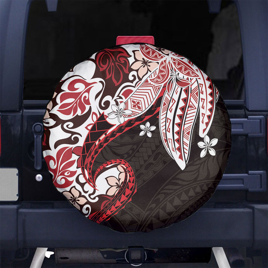 Monstera Plumeria Flowers Red Spare Tire Cover Polynesian Pattern