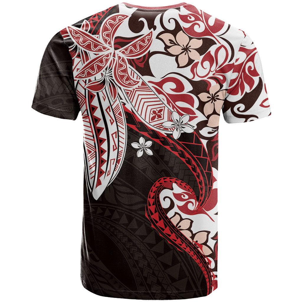 Monstera Plumeria Flowers Red T Shirt Polynesian Pattern