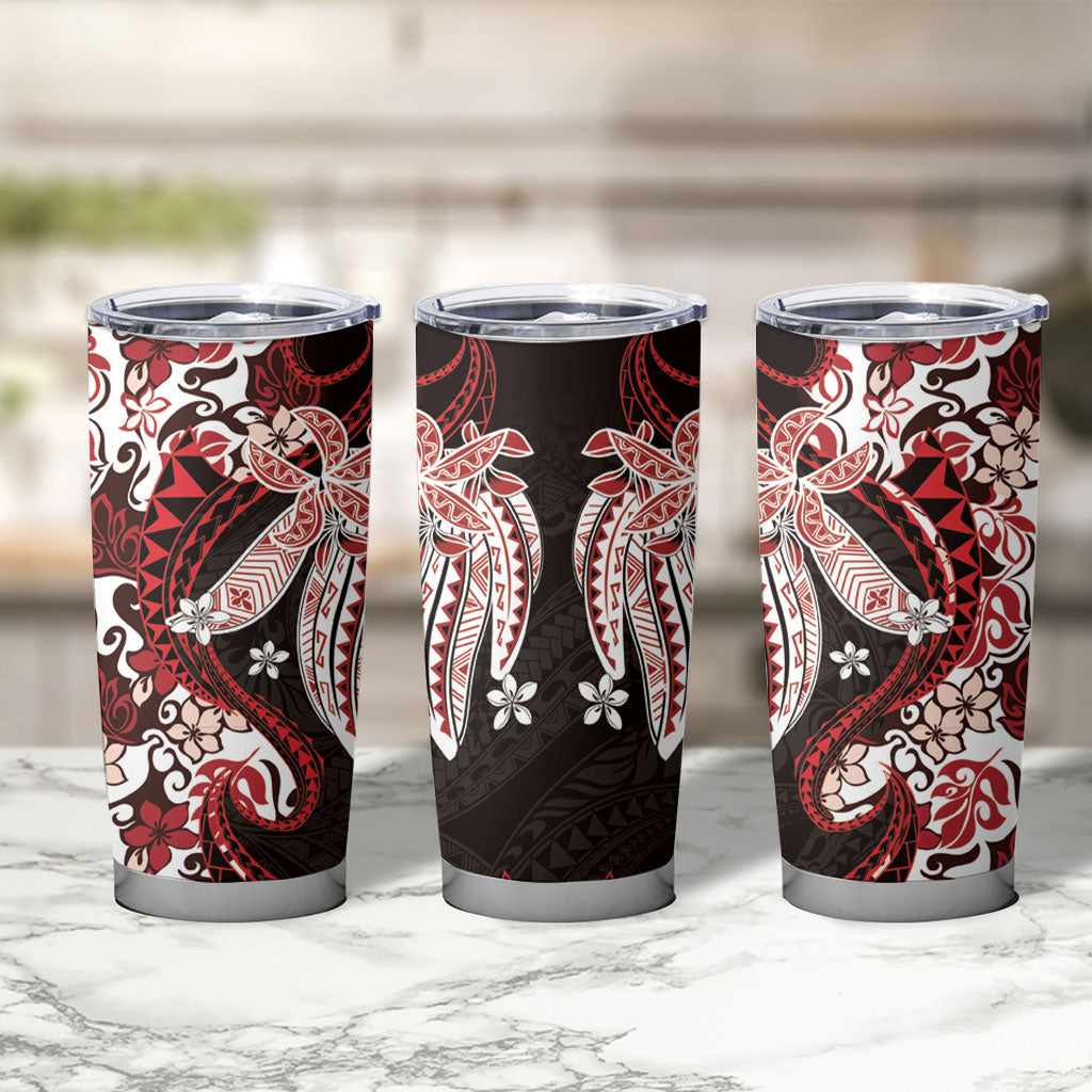 Monstera Plumeria Flowers Red Tumbler Cup Polynesian Pattern