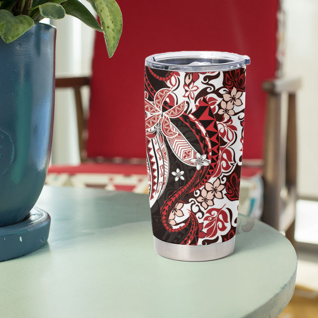 Monstera Plumeria Flowers Red Tumbler Cup Polynesian Pattern