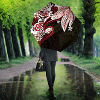 Monstera Plumeria Flowers Red Umbrella Polynesian Pattern