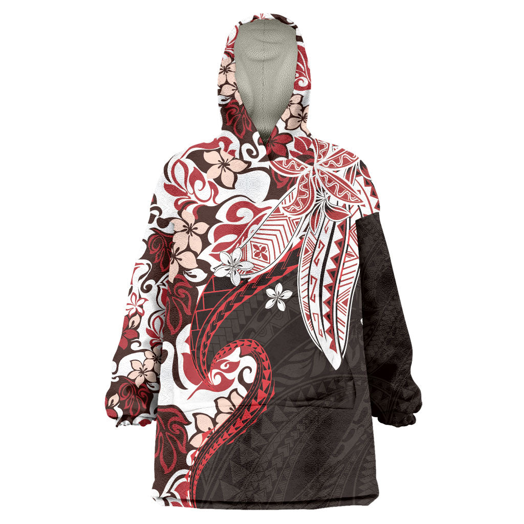 Monstera Plumeria Flowers Red Wearable Blanket Hoodie Polynesian Pattern