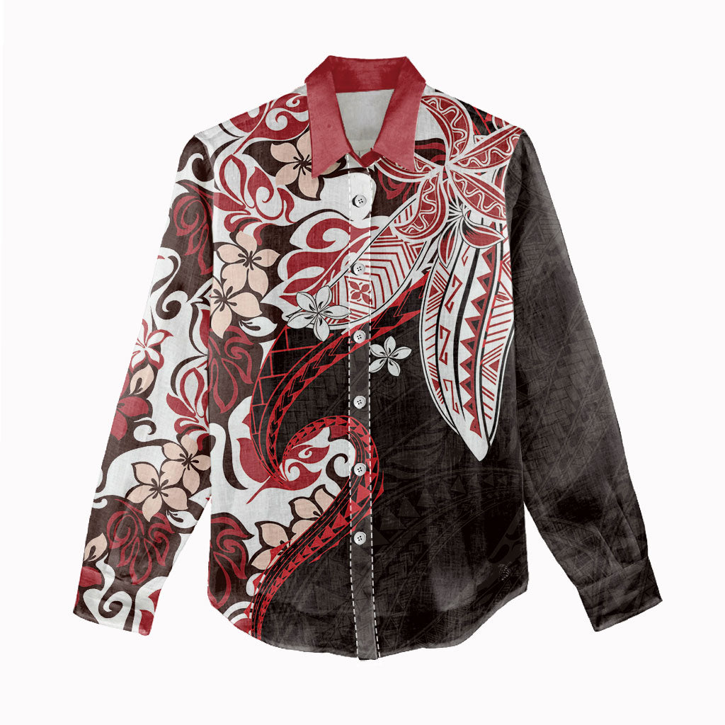 Monstera Plumeria Flowers Red Women Casual Shirt Polynesian Pattern