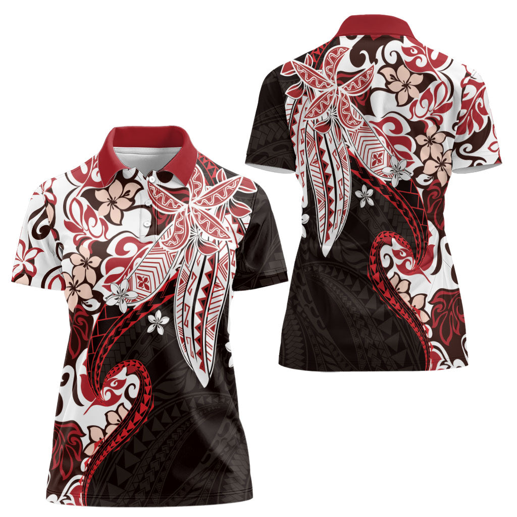 Monstera Plumeria Flowers Red Women Polo Shirt Polynesian Pattern LT01 - Polynesian Pride