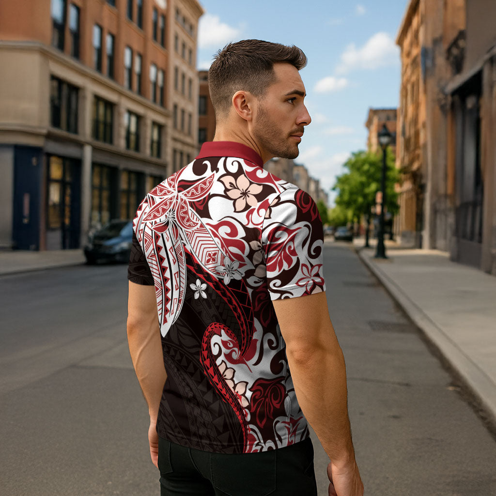 Monstera Plumeria Flowers Red Zipper Polo Shirt Polynesian Pattern