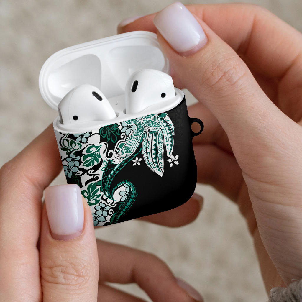 Monstera Plumeria Flowers Teal AirPods Case Polynesian Pattern