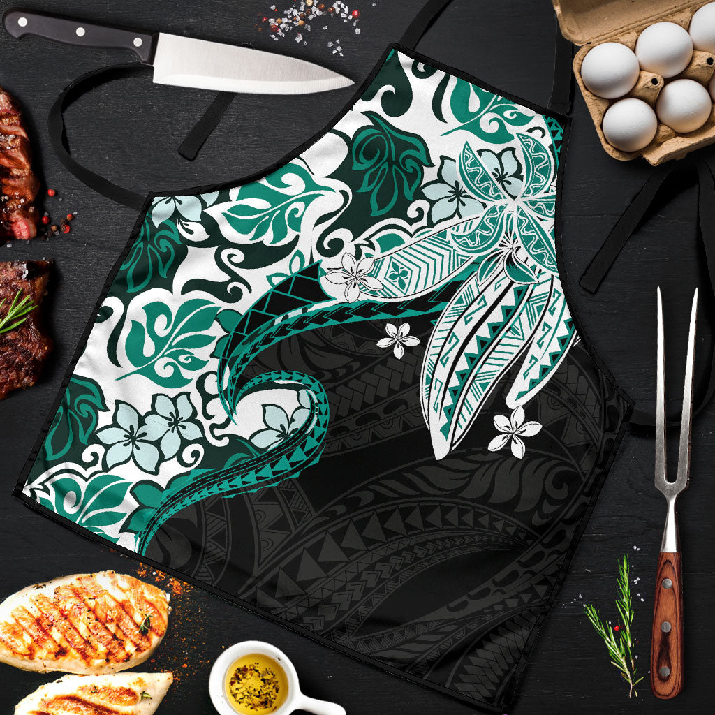 Monstera Plumeria Flowers Teal Apron Polynesian Pattern