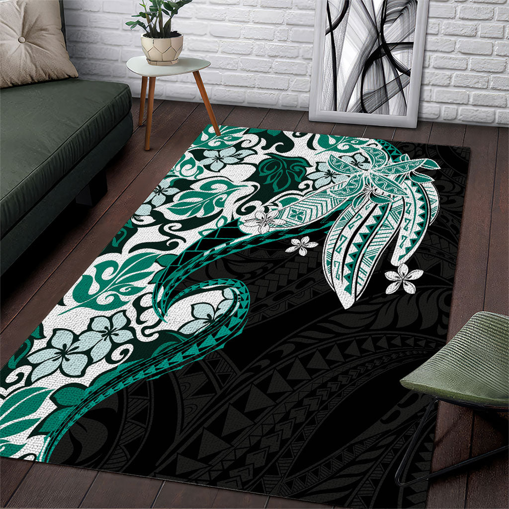 Monstera Plumeria Flowers Teal Area Rug Polynesian Pattern
