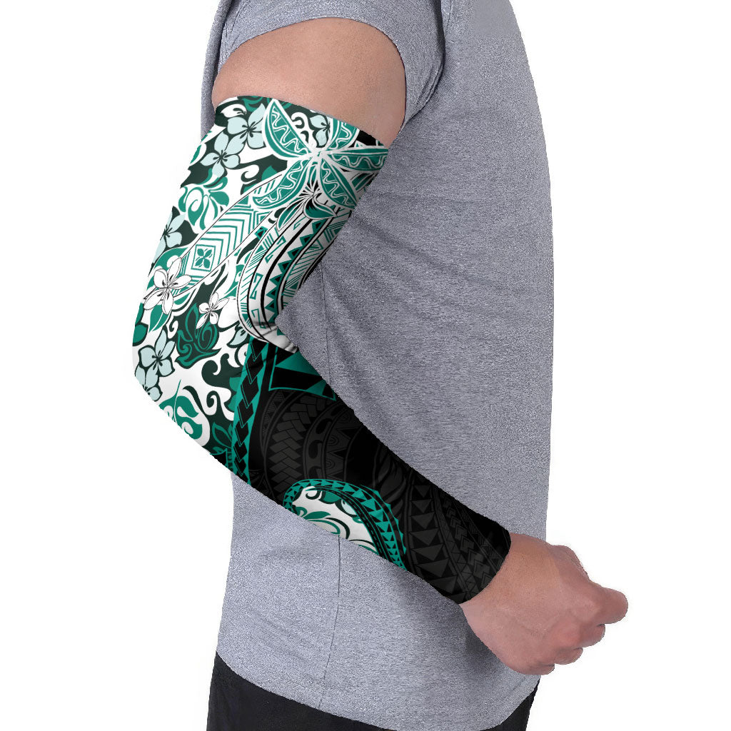 Monstera Plumeria Flowers Teal Arm Sleeves Polynesian Pattern