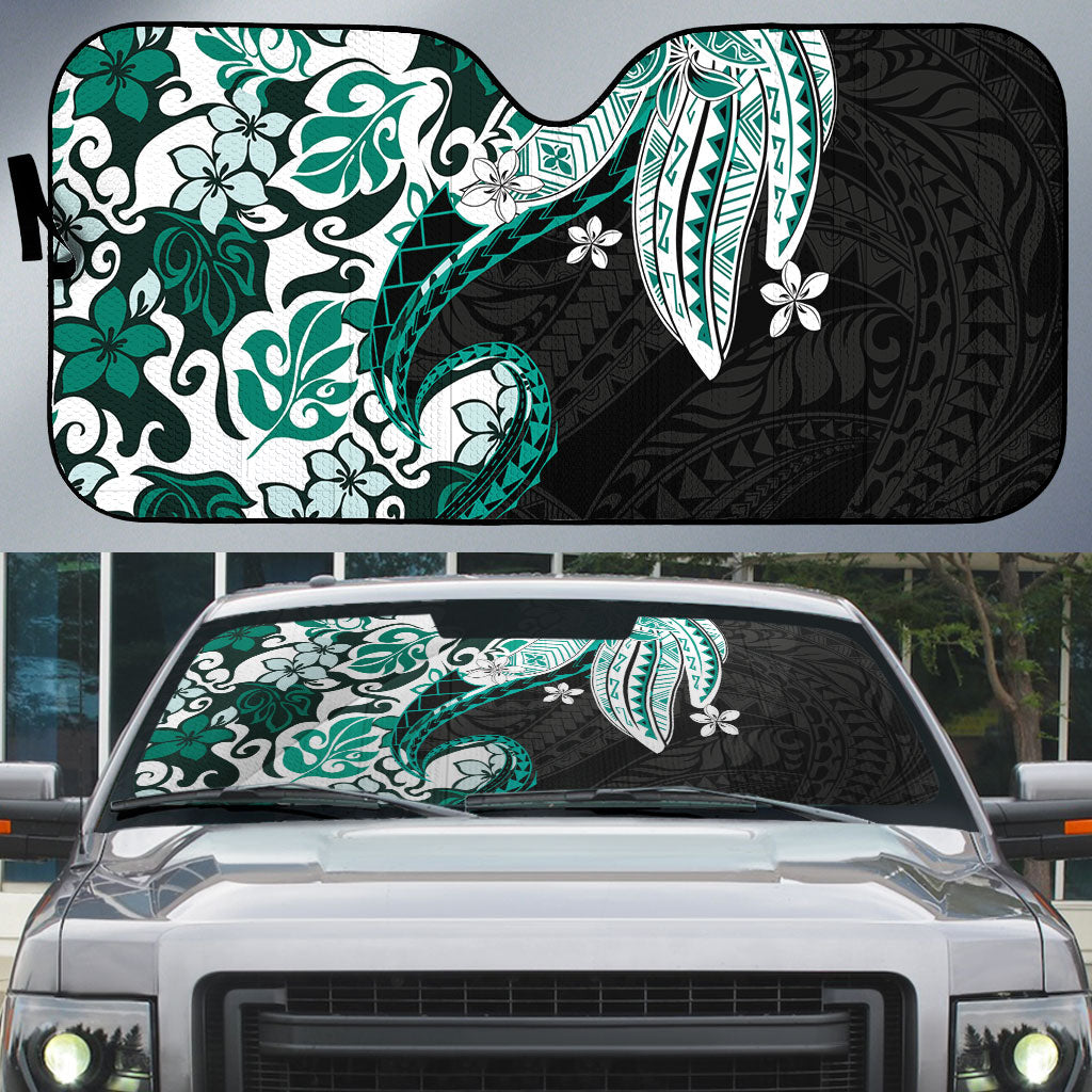 Monstera Plumeria Flowers Teal Auto Sun Shade Polynesian Pattern