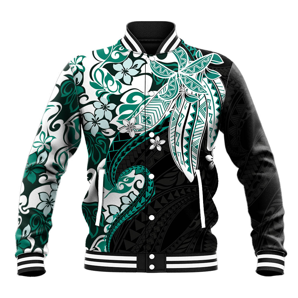 Monstera Plumeria Flowers Teal Baseball Jacket Polynesian Pattern LT01 Unisex Teal - Polynesian Pride