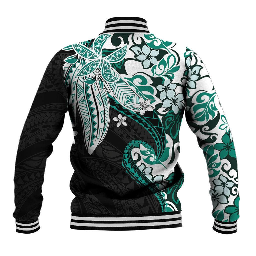 Monstera Plumeria Flowers Teal Baseball Jacket Polynesian Pattern