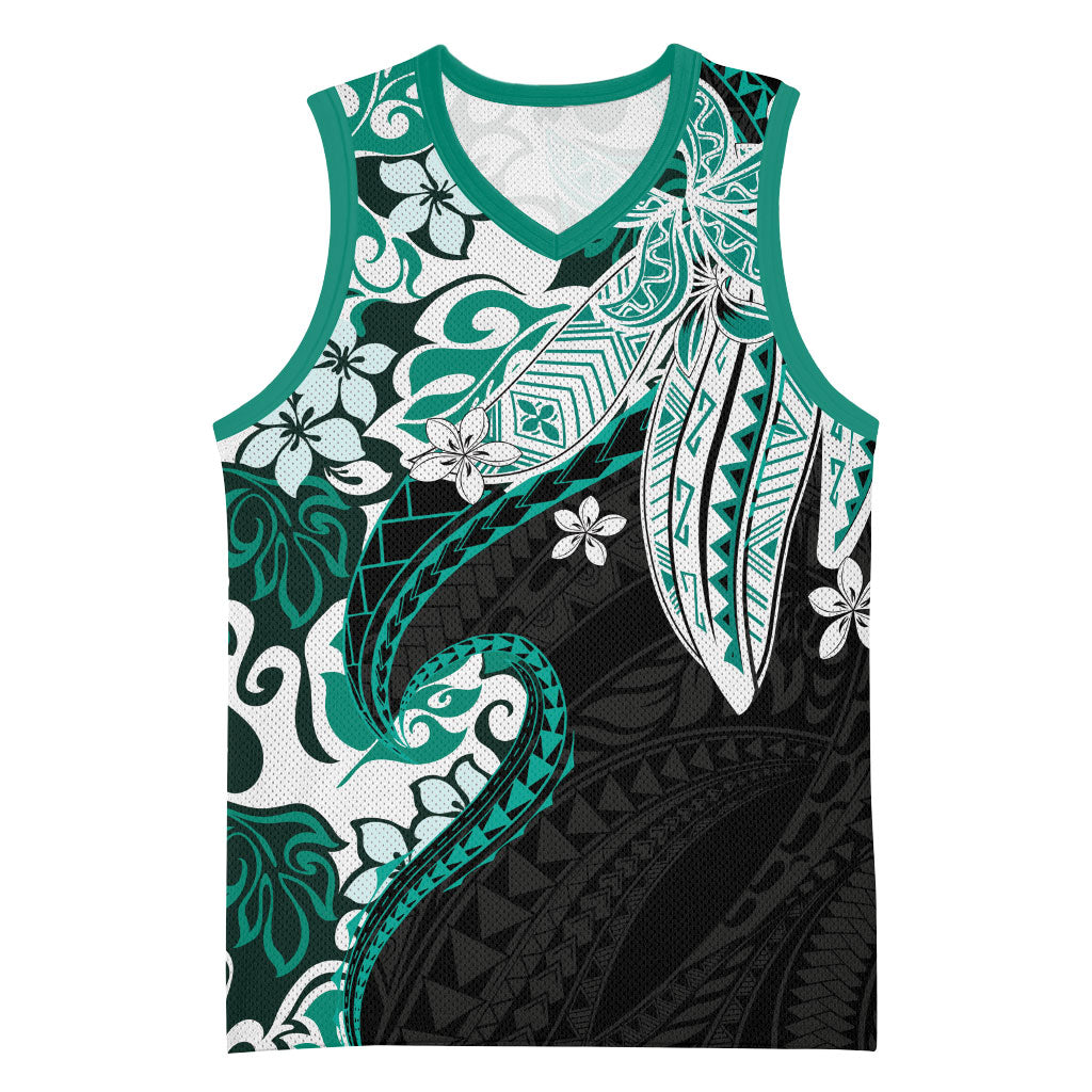 Monstera Plumeria Flowers Teal Basketball Jersey Polynesian Pattern LT01 Unisex Teal - Polynesian Pride