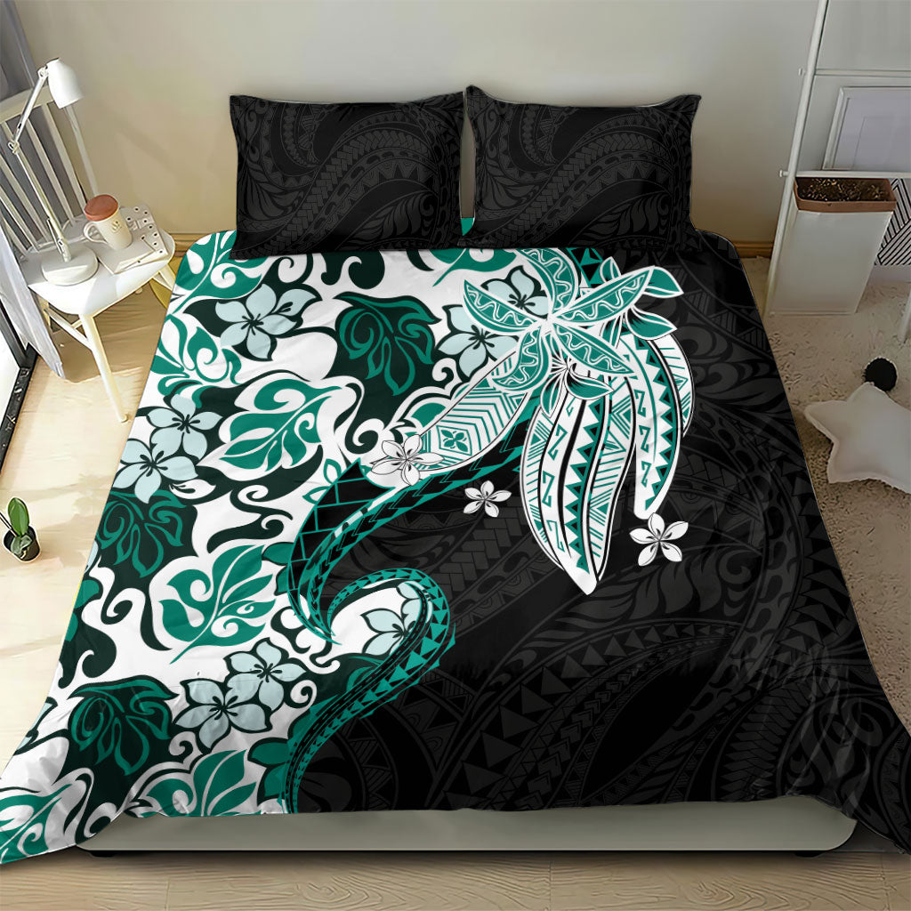 Monstera Plumeria Flowers Teal Bedding Set Polynesian Pattern