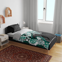 Monstera Plumeria Flowers Teal Bedding Set Polynesian Pattern
